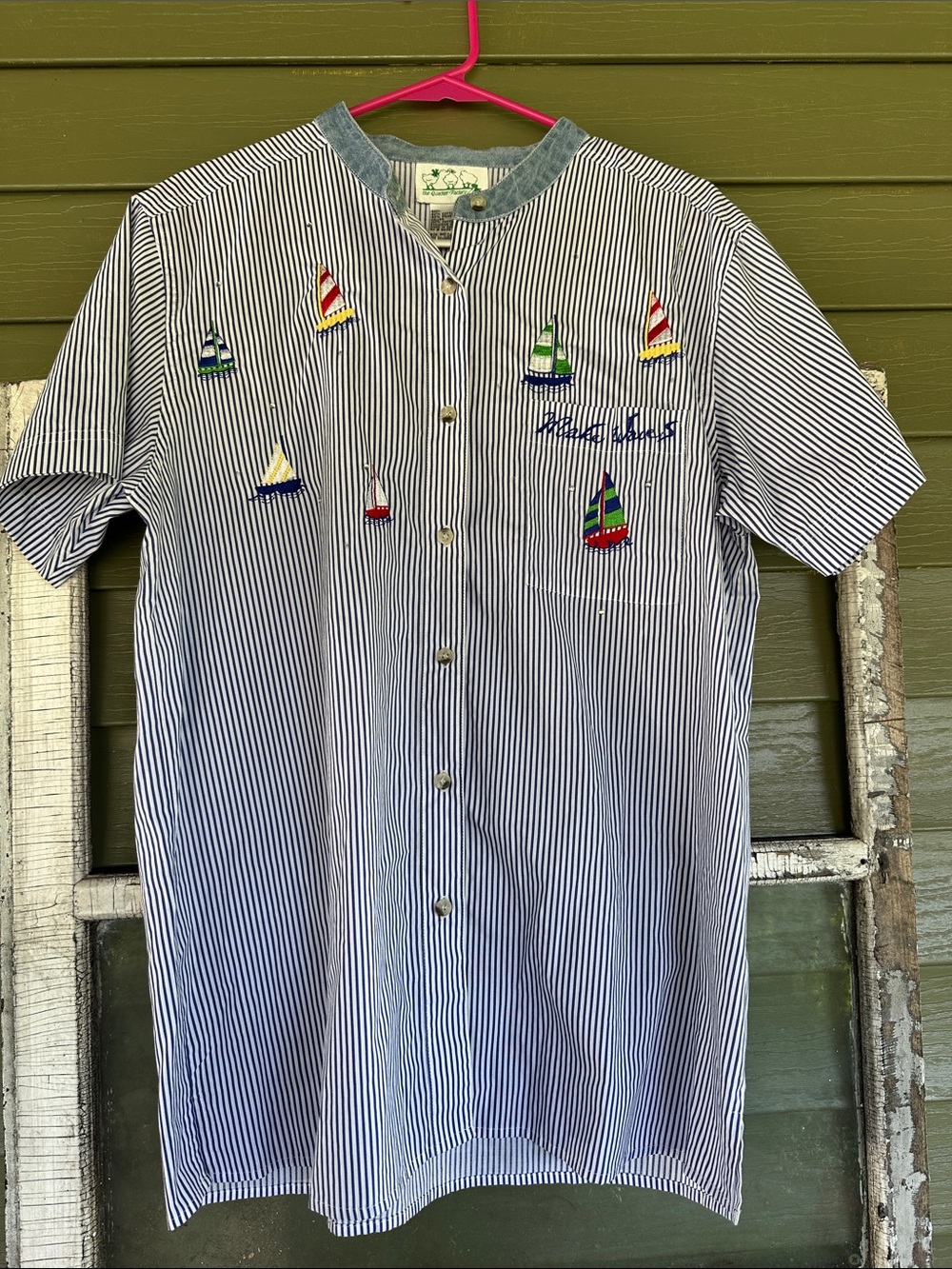 Nautical Stripe Embroidered Short-Sleeve Womens Shirt - Coastal Grandma
